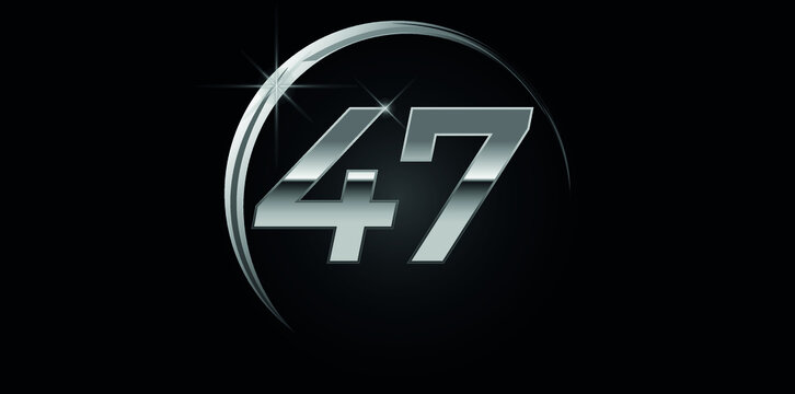 Chrome vector number 47. Logo for birthday, celebrations, dates with silver ring isolated on black background with silver light, vector design for celebration, invitation card and greeting card