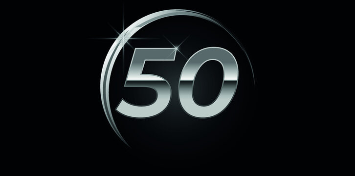 Chrome vector number 50. Logo for birthday, celebrations, dates with silver ring isolated on black background with silver light, vector design for celebration, invitation card and greeting card