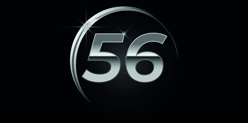 Chrome vector number 56. Logo for birthday, celebrations, dates with silver ring isolated on black background with silver light, vector design for celebration, invitation card and greeting card