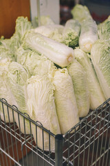 Fresh natural chinese cabbage in trolley, shop basket, vegetables in grocery department of supermarket, store, mall.