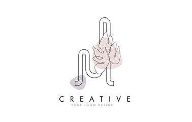 Black Outline J letter logo design with outline Monstera Leaf One Line Drawing Vector Illustration.