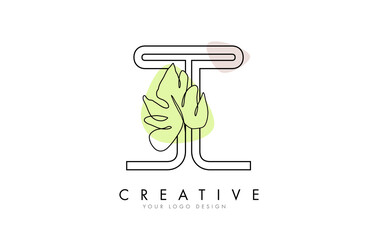 Black Outline T letter logo design with outline Monstera Leaf One Line Drawing Vector Illustration.
