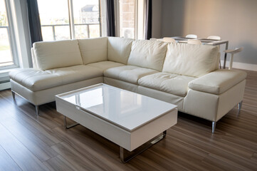 white leather sofa with coffee table