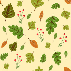 Seamless vector pattern in autumn colors with mushrooms, leaves, etc. Surface design for web and print. 