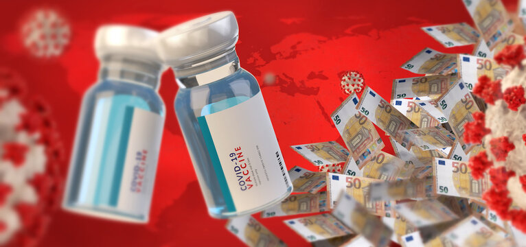 two vaccine bottles with EUR Euro banknotes and Coronavirus Covid-19 over red world map 3d-illustration. elements of this image furnished by NASA
