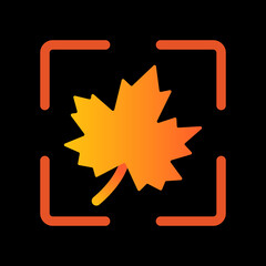 Abstract single maple leaf icon. Isolated symbol in a square frame. Vector on a black background.