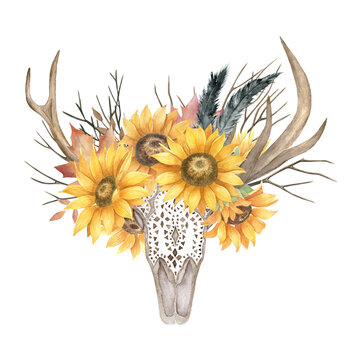 Watercolor isolated bull's head with flowers and feathers on white background. Boho style. Ornamental skull on black background for wrapping, wallpaper, t-shirts, textile, posters, cards, prints