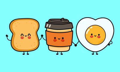 Cute, funny happy coffee paper cup, toast and fried egg character. Vector hand drawn cartoon kawaii characters, illustration icon. Funny cartoon coffee paper cup, fried egg and toast friends concept