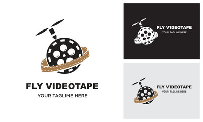 Fly Videotape Logo Design Template. Fly Cinema Tape. Flying The reel. Cinema reel equipment cartoon.