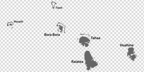 Blank map Leeward Islands in gray. Every Island map is with titles. High quality map of  Leeward Islands with districts on transparent background for your  design.  French Polynesia. EPS10.