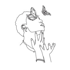 Woman face with butterfly. Line art female hands with butterflies. Abstract face with butterfly by one line vector drawing. Portrait minimalistic style. Botanical print. Nature symbol of cosmetics. 