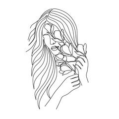 Woman face with flowers . Line art female hands with flowers . Abstract face with flowers  by one line vector drawing. Portrait minimalistic style. Botanical print. Nature symbol of cosmetics.