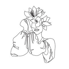 Woman face with flowers . Line art female hands with flowers . Abstract face with flowers  by one line vector drawing. Portrait minimalistic style. Botanical print. Nature symbol of cosmetics.