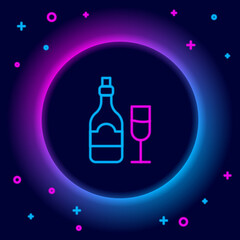 Glowing neon line Champagne bottle with glass icon isolated on black background. Colorful outline concept. Vector