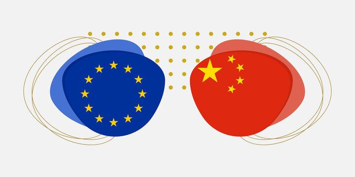 EU and China flags. Chinese and European Union symbols with abstract background and geometric shapes. Vector illustration.