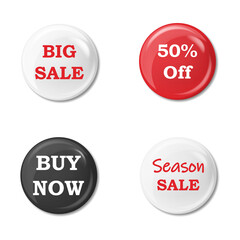 Realistic badges with text. Product promotion, sale. Special offer. Glossy round button. Pin badge mockup. Vector illustration.