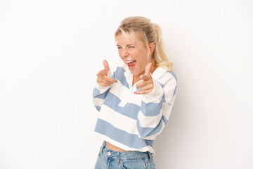 Young Russian woman isolated on white background cheerful smiles pointing to front.