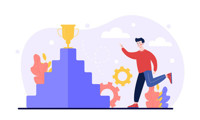 Young male character is trying to climb career ladder as up direction for work rise achievement. Successful job development and growth direction. Reach plan goal. Flat cartoon vector illustration
