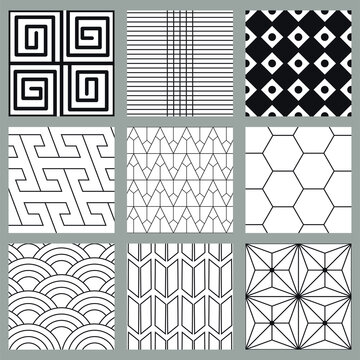 Set of nine black and white vintage geometric patterns. Square minimalist patterns with different shapes, lines. Trendy vector templates for decoration. Stylish balanced backgrounds and textures.