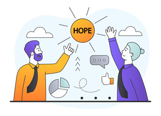 Male and female characters are rasing hands up in the air towards hope on white background. Concept of dark times ending, hope on horizon, future success. Flat cartoon vector illustration