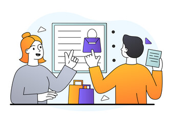 Male clothing store salesman is giving information to new buyer. Young cheerful female buyer is going to buy new purple bag from the clothing shop. Flat cartoon vector illustration