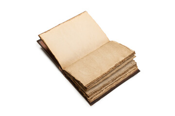 An open empty old notebook isolated on a white background.