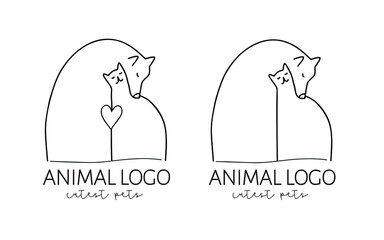 Cat Dog Logo in outline line art style. Domestic pet care concept, vet clinic, grooming, zoo shop, animal shelter. Hand drawn vector doodle icon. 