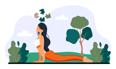 Young female character is trying to stay psychologically healthy by doing yoga practice on white background. Concept of emotional wellbeing. Peace of mind. Flat cartoon vector illustration