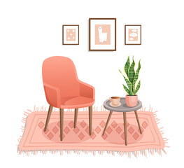 Cute interior with modern furniture and plants. Cozy room design with soft armchair, table, plants, coffee, wall pictures, carpet. Living room interior. Vector flat style illustration.