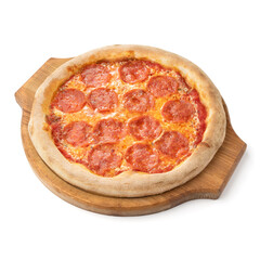 Pizza pepperoni isolated on white background. Tasty hot pizza on wooden dish or tray for design menu and promotional