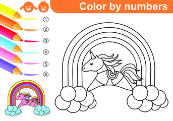 Coloring page by numbers. Unicorn on clouds and rainbow. Coloring puzzle with numbers for kids. Worksheet at school, home. Sketch. Vector.