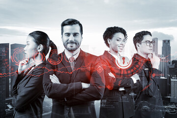 Group of business colleagues as a part of multinational corporate team working on project to protect clients information at cybersecurity compliance division. IT lock icons over Singapore