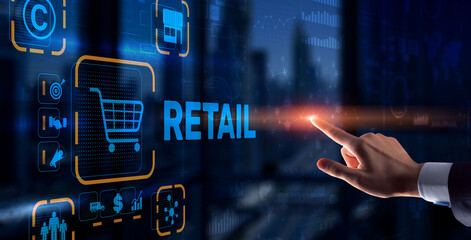 Fototapeta premium Retail concept marketing channels E-commerce Shopping automation on virtual screen