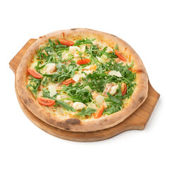 Pizza seafood isolated on white background. Tasty hot pizza on wooden dish or tray for design menu and promotional