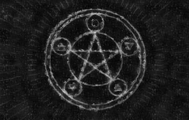 Fototapeta na wymiar Halloween illustration with pentagram with chalk on dark background