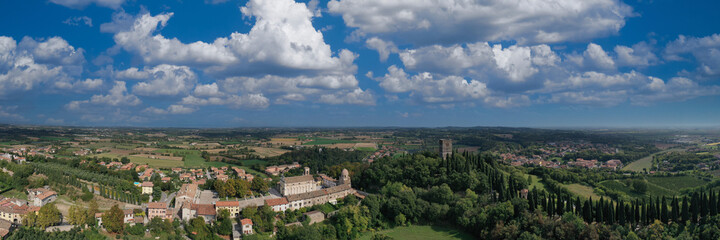 Fototapeta na wymiar Aerial panorama of Solferino, Mantova, Italy. Aerial view of the Museum of Resurgence. Aerial view of the Rocca di Solferino, Mantova.