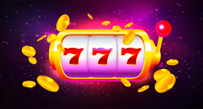 Slot Machine with Icons and Coins on Colorful Background. Online Casino Banner Illustration