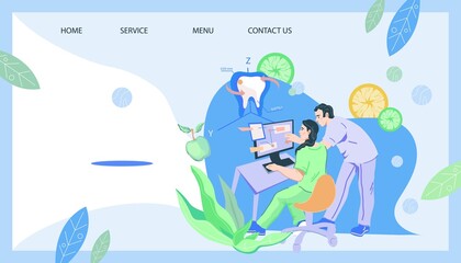 Website banner for dentistry with dentists using advanced computer technology for oral care and dental treatment, flat vector illustration. Landing page for dental clinic.