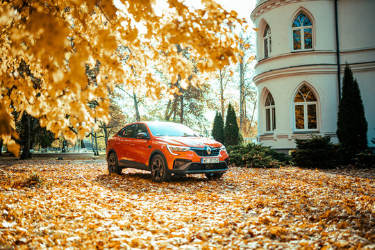 Riga, Latvia - 01.10.2021: Renault Arkana RS-line is a compact crossover SUV E-tech hybrid car. French automobile manufacturer.