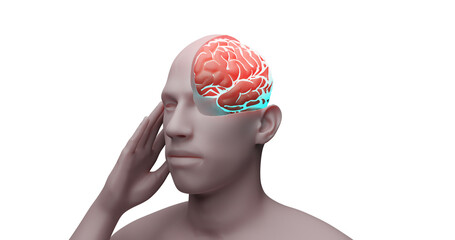3D illustration of a render of a man holding his hand near his temple, the brain is burning red.  Incision of the head, inside the skull. Pain, inflammation, cancer, metastases in the head. MRI, X-ray