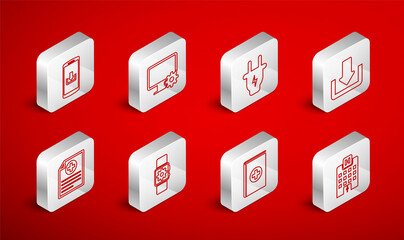 Fototapeta premium Set line Medical hospital building, Computer monitor and gear, Electric plug, Download, book, Smartphone with download, Smartwatch setting and Clinical record icon. Vector