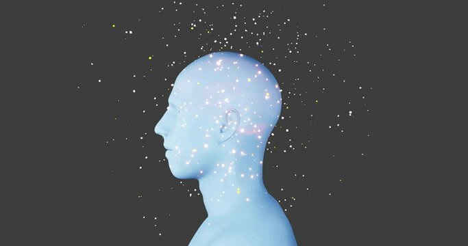 3D stylized animation render the silhouette of a person in profile pink brain is assembled from glowing particles.  Thoughts ideas come together, gather, form