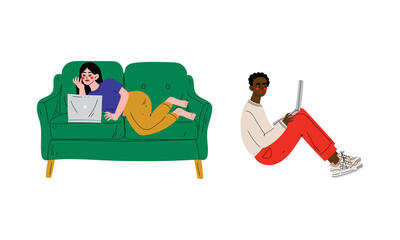 Young Man and Woman Freelancer with Laptop Sitting on Sofa and Floor Working from Home Vector Set