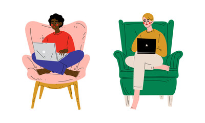 Young Man and Woman Freelancer with Laptop Sitting in Armchair Working from Home Vector Set