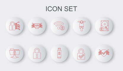 Set line Cyber security, FTP folder and lock, Wifi locked, Lock check mark, Computer api interface, and USB flash drive with icon. Vector