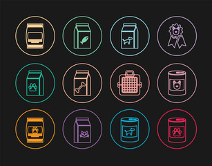 Set line Canned food, for dog, Bag of, pet, Pet carry case and cat icon. Vector
