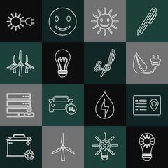 Set line Solar energy panel, Address book, Electric saving plug in leaf, Cute sun with smile, Light bulb, Wind turbines, Sun electric and Signature icon. Vector