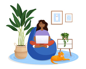 Obraz na płótnie Canvas Woman is sitting on a bean bag chair at home at a laptop computer. Remote work, office at home, programming, freelance. Study at home in quarantine. Vector illustration. Cozy interior with a cat.