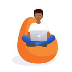 Man sits on a bean bag chair and works at a computer. Remote work, office at home, programming, freelance. Study at home in quarantine. Vector illustration.