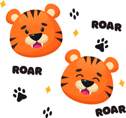Cute tiger seamless pattern, with paws and inscriptions, on a white background